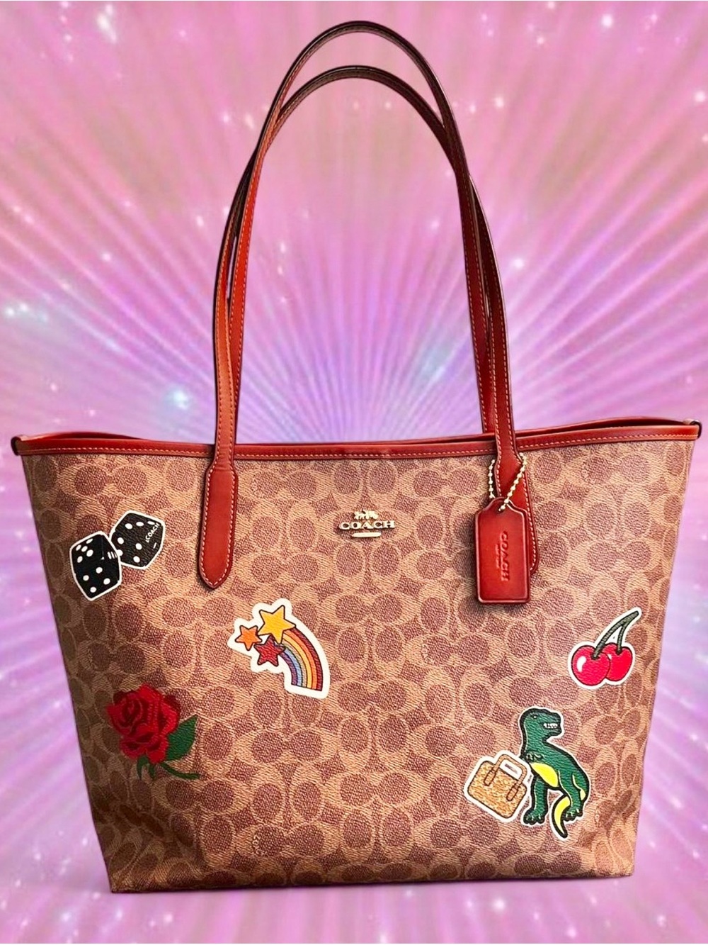 COACH City Tote Bag In Signature Canvas With REXY Sticker Print CZ611